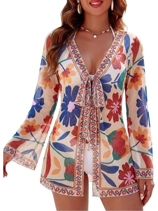 Other - Womens Tropical Print V Neck Bathing Suit Mesh Floral Hawaiian Swimwear Cover Up